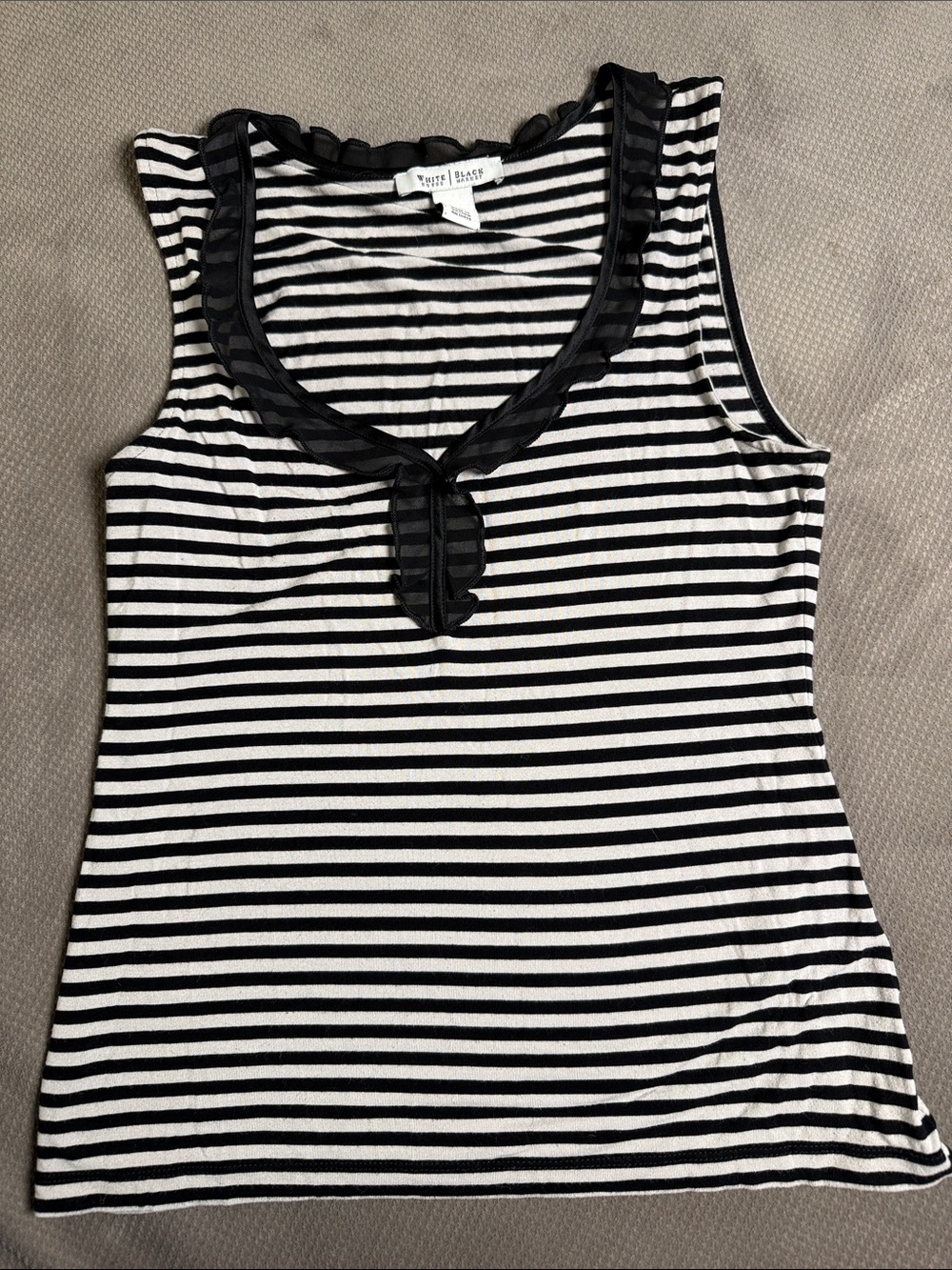 White House Black Market Black & White Striped Ruffle-Trim Tank